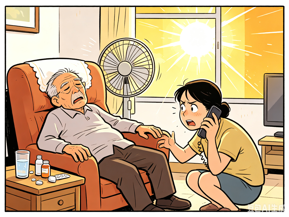 卡通风格78岁独居老人王大爷中暑昏迷图（4_3）